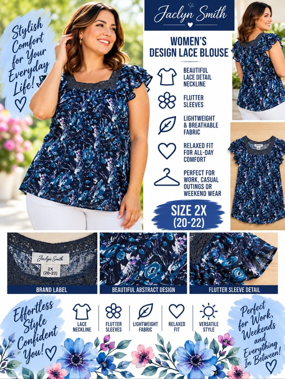 Jaclyn Smith Women's 2X blue design lace blouse #35